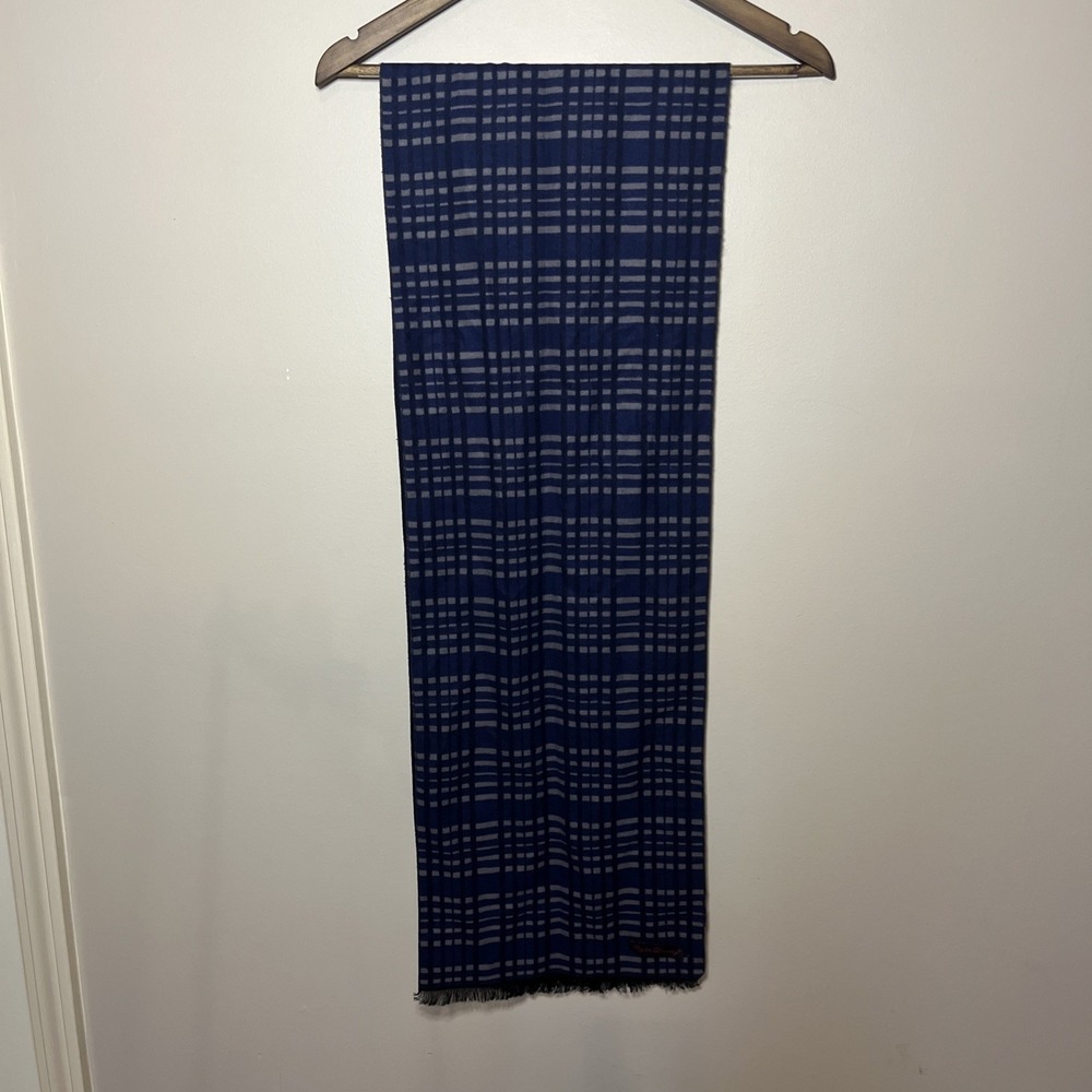 English Laundry Felt Silk‎ Scarf Navy Blue Plaid Fringe 70"x12"